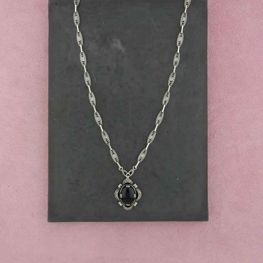 sterling silver marcasite studded onyx cabochon necklace size 19.75in